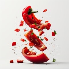 Fresh red bell pepper slices and cubes flying in the air with white background.