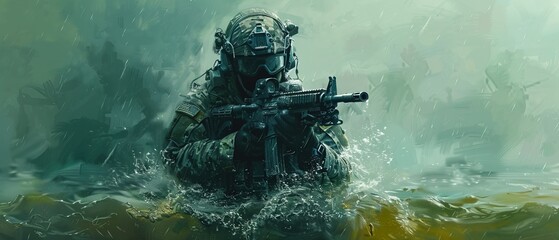 Wall Mural - soldier in the water 