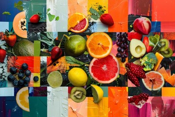 Poster - Colorful collection of different fruits and vegetables creatively arranged in a collage, A vibrant collage representing the diversity of a healthy diet