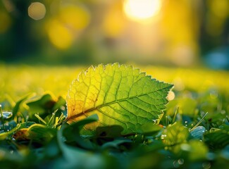 Canvas Print - Single Green Leaf on Grass in Warm Sunlight. Autumn, Nature, and Tranquility