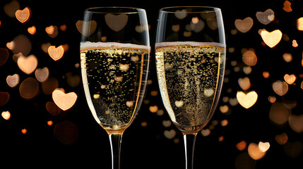 champagne glasses, the bubbles shaped like hearts, black background