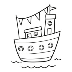 Fishing boat with pennants sailing, black and white clipart, coloring page