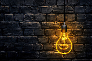 Wall Mural - Generating ideas for business. Yellow glowing light bulb hangs against the background of black brick wall. Copy space