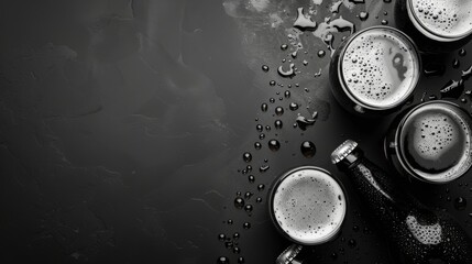 Wall Mural - Horizontal banner. International Beer Day. Glasses and bottles of cold light beer on a dark table. Black an white photo. Top view. Free space for text, copy space