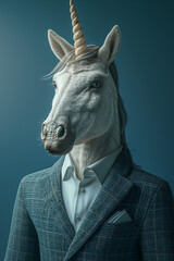 Wall Mural - A unicorn in a business suit on a blue background, 3D render, art creative, success concept