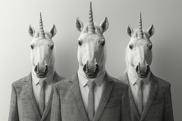 Wall Mural - A unicorn in a business suit on a grey background, 3D render, art creative, success concept