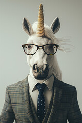 Wall Mural - A unicorn in a business suit on a grey background, 3D render, art creative, success concept