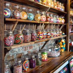 photo of lollipops displayed in a charming, old-fashioned candy shop setting, complete with glass jars and wooden shelves.