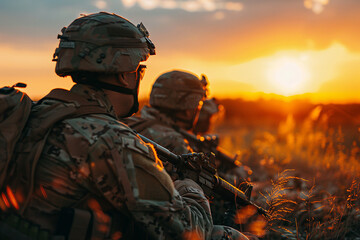 Leinwandbilder - Generative AI image of people on military operation mission sunset in field