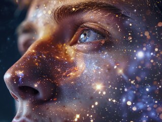 A person's face with a starry night sky in the background, great for use in space-themed or inspirational projects