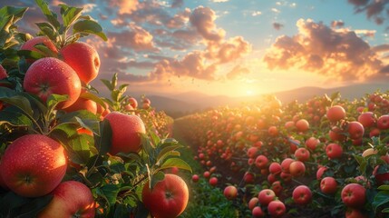 Wall Mural - Tranquil Apple Orchard Scene with Lush Green Trees and Ripe Red Apples in a Peaceful Countryside