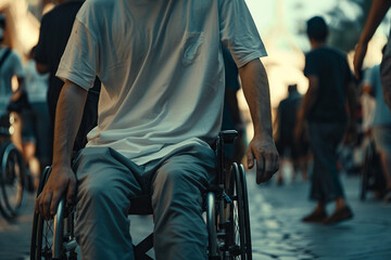 Wall Mural - AI generated photo of lonely disabled young person on wheelchair