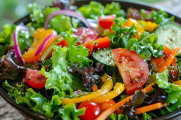 A detailed view of a colorful salad in a bowl, featuring mixed greens and a variety of fresh ingredients, A vibrant salad with mixed greens and a variety of veggies