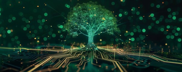 Poster - futuristic tree made from digital circuit board representing technology and nature integration