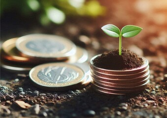 A seedling is growing on a coin lying on the ground. representing green investment concept, rising money to invest. financial growth concept