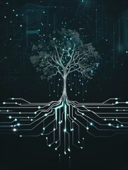 Poster - digital tree illustration representing technology and nature integration with circuit board elements