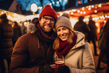 Wall Mural - Ai generated photo of young cheerful happy people walking at the christmas market on a winter vacation