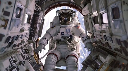 Poster - Astronaut in Spacesuit Experiences Zero Gravity Inside Spacecraft