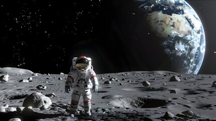 Poster - Astronaut in Spacesuit Exploring the Lunar Landscape with Earth in the Background