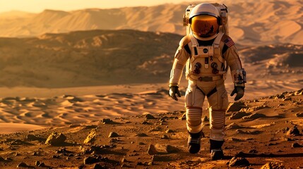 Poster - Astronaut in Spacesuit Exploring Rugged Martian Landscape