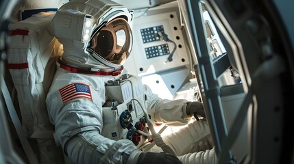 Poster - Astronaut in Spacesuit Experiencing Zero Gravity Inside Spacecraft