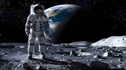 Poster - Astronaut in Spacesuit Stands on Lunar Surface with Distant Earth in Background