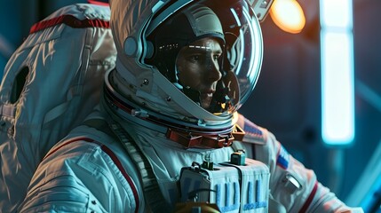 Poster - astronaut in spacesuit using advanced space tools and equipment for