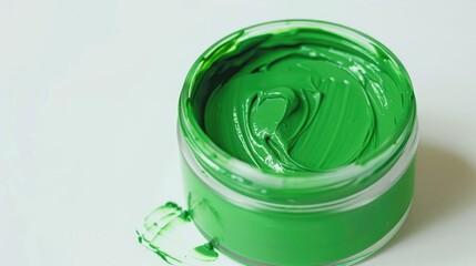 Sticker - Green gouache in plastic jar for arts and crafts on white background