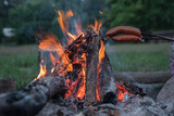 ognisko na biwaku, na łonie natury i pieczona kiełbasa nad ogniskiem