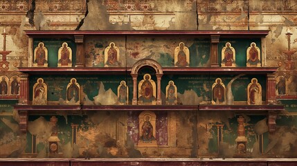 Wall Mural - Faded Byzantine church fresco with intricate figures displays remarkable artistry despite damage