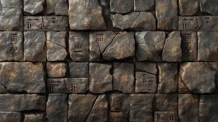 Poster - A close-up view of an ancient stone wall with carved symbols, showcasing the textures and patterns of the weathered stones