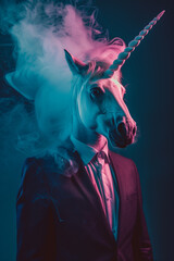 Wall Mural - A unicorn in a suit, smoke around its body, dark blue background, pink light on top of its head, portrait photography, art creative