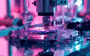 Poster - Close-up of a high-tech industrial robotic system in action with vibrant lighting
