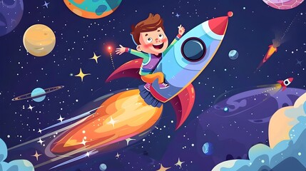 Poster - Cartoon Rocket Ship Blasting Off Into Wondrous Space Adventure