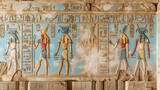 A close-up shot of a wall relief in an ancient Egyptian temple, featuring several figures of gods and goddesses, surrounded by hieroglyphs