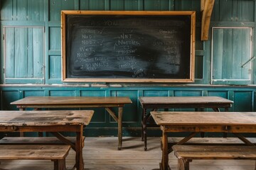 Poster - Vintage classroom with students wooden desks arranged neatly in rows facing a worn chalkboard, A vintage classroom setting with a worn blackboard and antique wooden desks