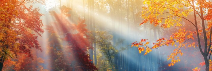 Wall Mural - Autumnal forest with vibrant foliage, sunlight beams through colorful trees.