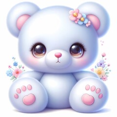 Adorable little white bear with its cute paws and mini flowers, expressive brown eyes, fluttering eyelashes, cartoon, anime art, t-shirt design, white background