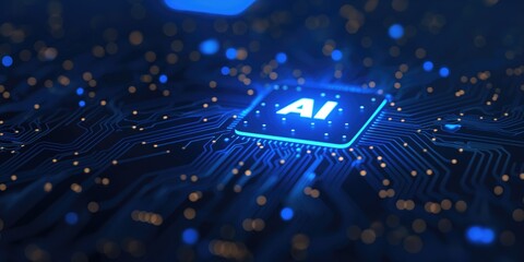 Poster - AI machine learning concept with orange glowing curcuit printed board high tech futuristic background