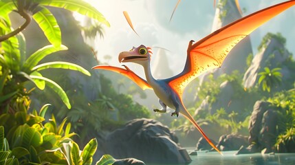 Pterodactyl. Pterosaur, flying dinosaur cartoon character. Funny animal 3d vector icon.