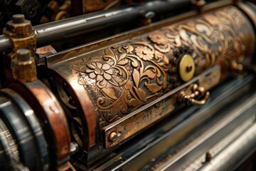 Poster - Close-up of intricate metal object, a vintage printing press, on a table, A vintage printing press with intricate details and mechanical gears