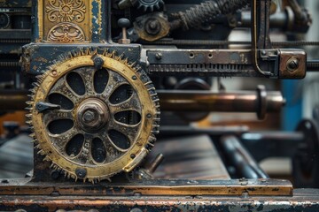 Poster - Detailed view of a vintage printing press machine showing a close up of a gear wheel, A vintage printing press with intricate details and mechanical gears