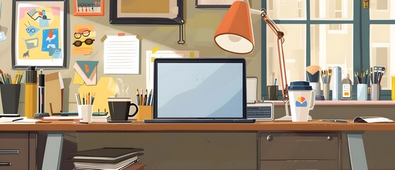 Poster - Cozy Creative Workspace with Laptop Coffee and Supplies