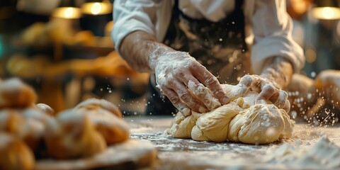 The cook kneads the dough