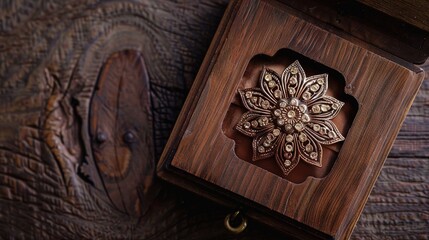 Wall Mural - A vintage brooch with intricate designs enclosed in a wooden gift box on a solid brown background.