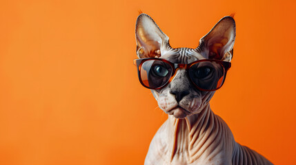 a Sphynx cat wearing sunglasses on an orange background