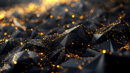 Wall Mural - 3d render, abstract black crystal background with gold line, faceted texture, macro panorama, wide panoramic polygonal wallpaper