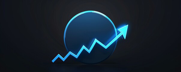Poster - Blue neon upward trending arrow on dark background representing business growth and success