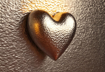 Wall Mural - Metal heart shape on textured surface with warm light reflections