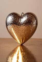 Wall Mural - Metal heart shape on textured surface with warm light reflections